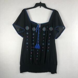 Flying Tomato Women's Size Medium Black Sheer Cross Stitch Top